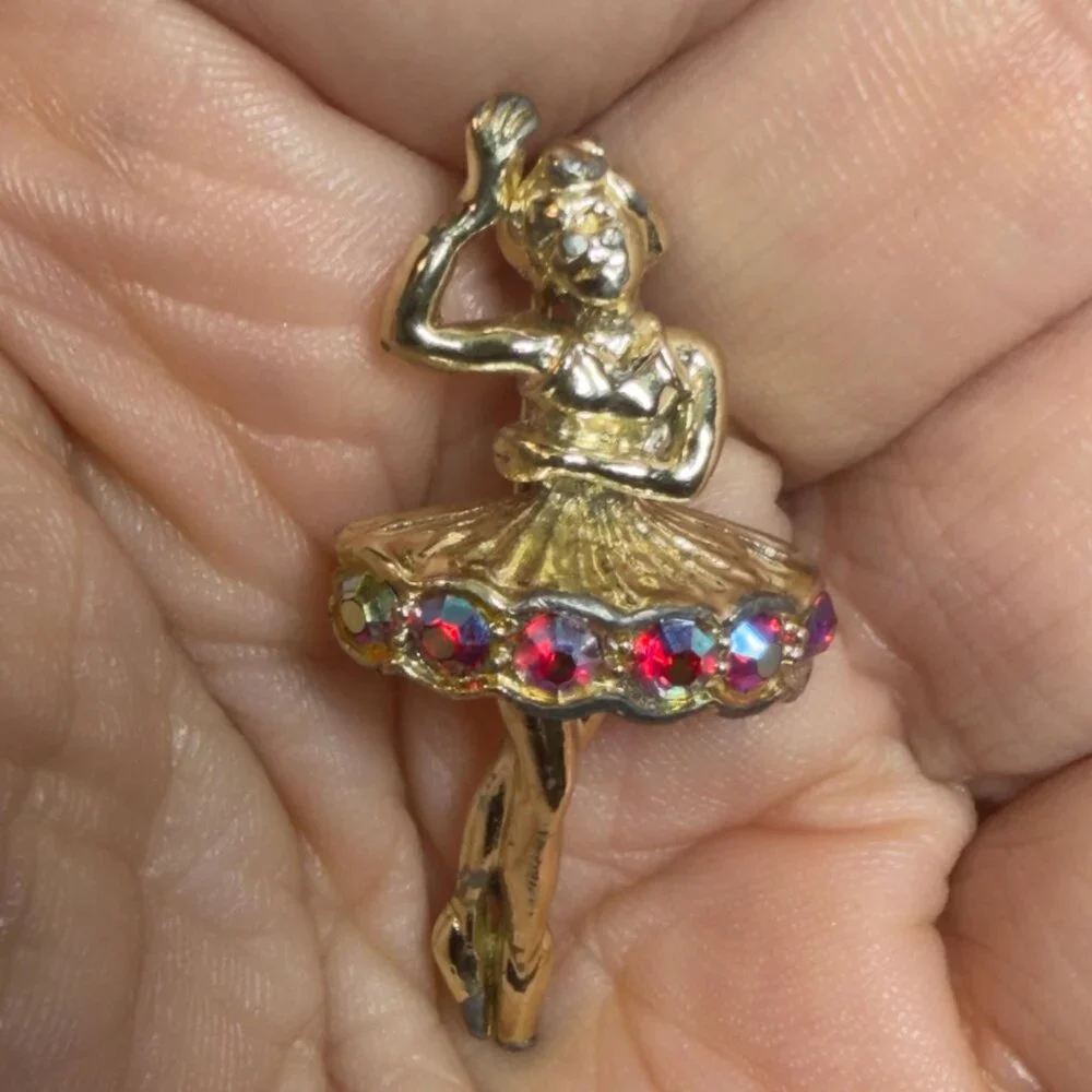 Ballerina Vintage Brooch Rhinestone Skirt Dancer Ballet Pin Gold Tone 1.75 inch